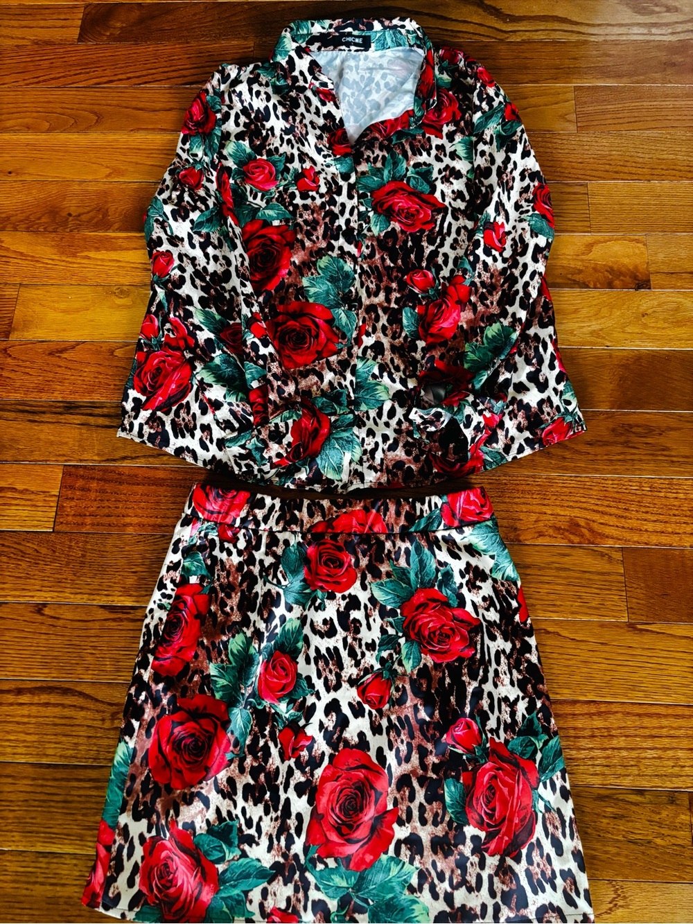 Floral Rose & Leopard Print  Skirt Set - Red/Green